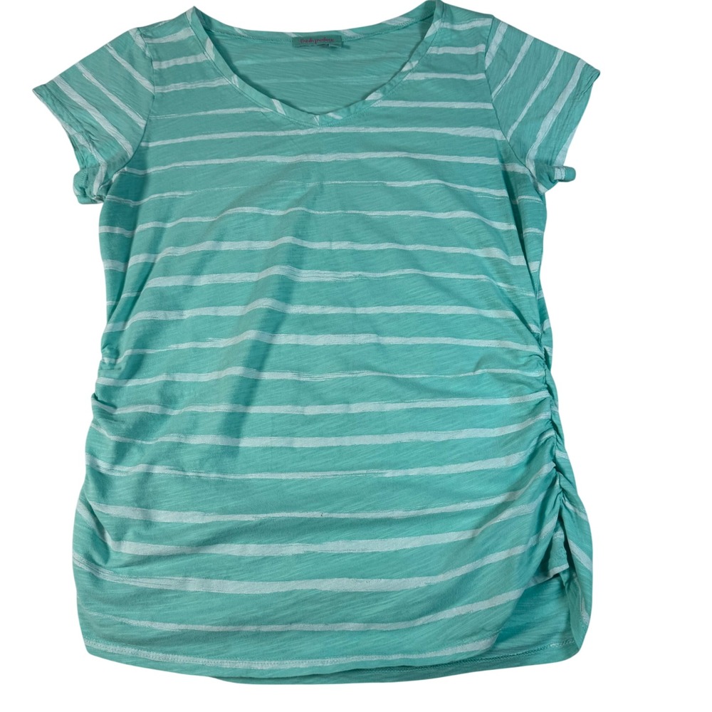 Fresh Produce Striped‎ Ruched T-Shirt Womens XL Teal Coastal Slub Cotton Tee
